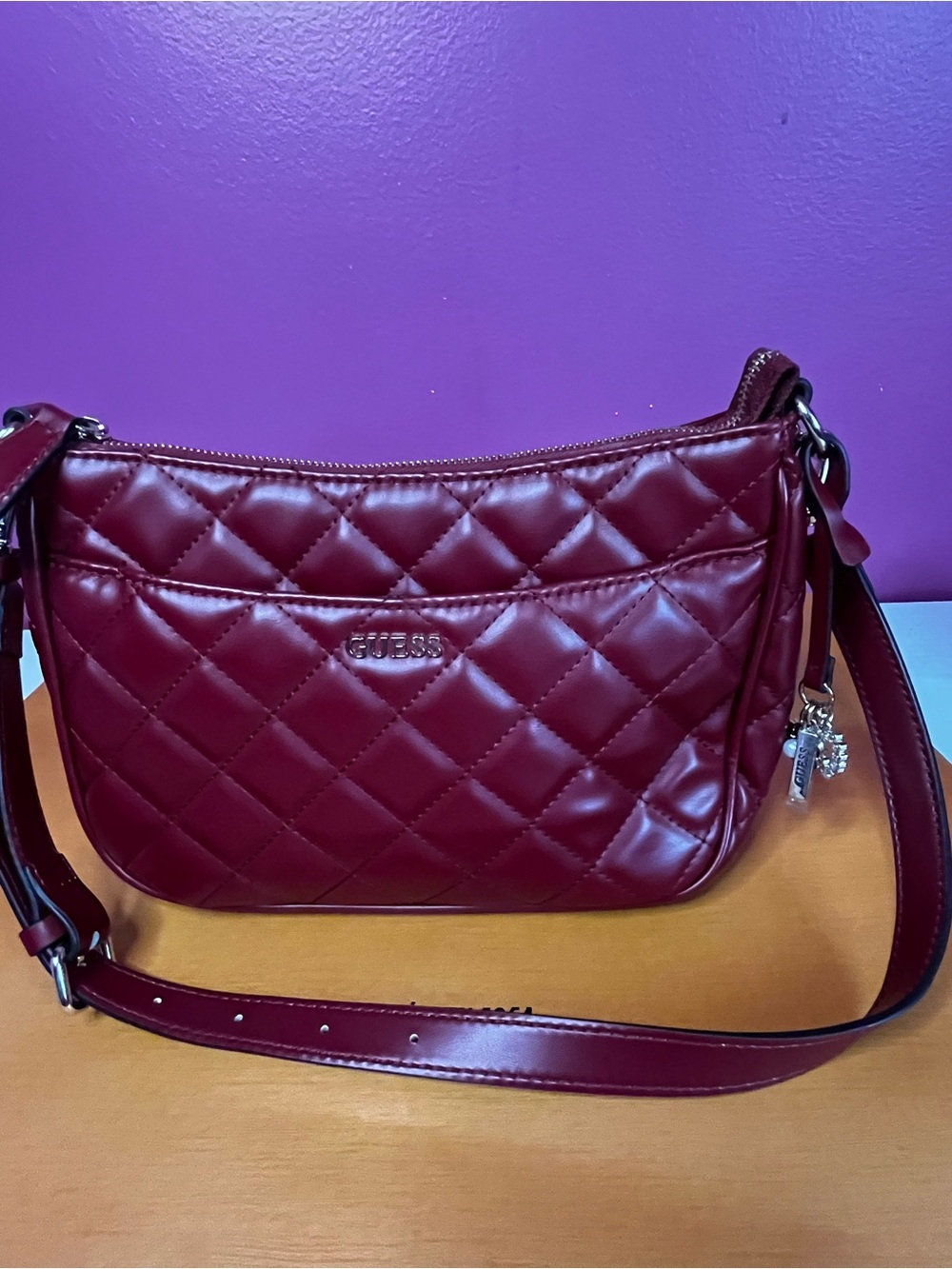 GUESS Quilted Shoulder Bag in Burgundy